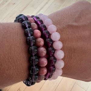 Chic Pink & Purple Beaded stack Bracelets Set of four stretch elastic jewelry